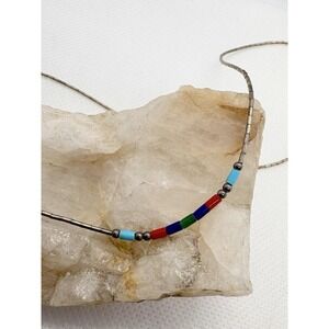 Vintage Sterling Silver Tube Chain Necklace Multicolor Bead Accent 16'' SW Style